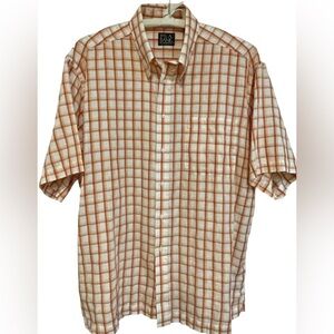 ✅Jos A Bank button up mens short sleeved shirt. Shades of orange & peach. MINT!